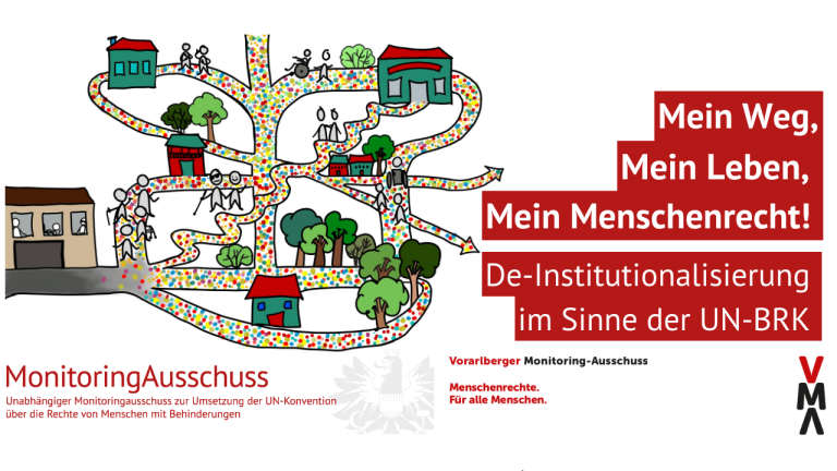 Mein Weg, Mein Leben, Mein Menschenrecht! Öffentliche Sitzung am 10.10.2024 Feldkirch / Vorarlberg De-Institutionalisierung im Sinne der UN-BRK. Logos des UMA und des VMA