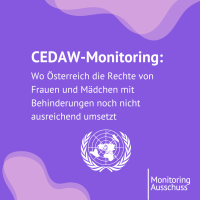 Text auf Lila: CEDAW-Monitoring. Wo Österreich die Rechte von Frauen und Mädchen mit Behinderungen noch nicht ausreichend umsetzt