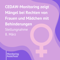 Text auf Bild mit Venussymbol: CEDAW-Monitoring zeigt Mängel bei Rechten von Frauen und Mädchen mit Behinderungen. Stellungnahme 8. März